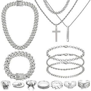 15 Pieces Silver Jewelry Set for Men Stainless Steel Cuban Link Necklace Bracele